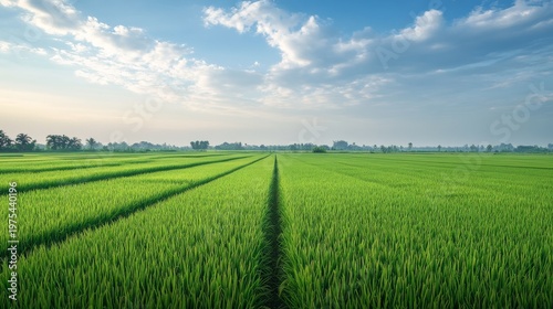 Peaceful rice farming field with vivid green crops under a cloudless sky, perfect symmetry stretching toward a misty horizon