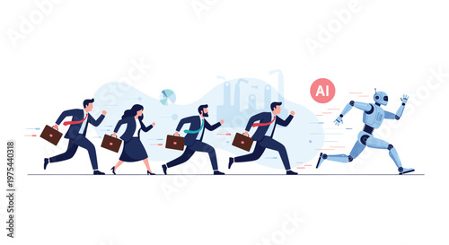 Fast blue robot running ahead of a group of business people carrying briefcases representing artificial intelligence in the workplace.