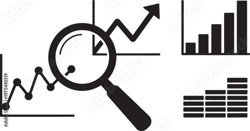 Black and white representing financial analysis and business growth with a magnifying glass over a graph and bar charts Keywords: business