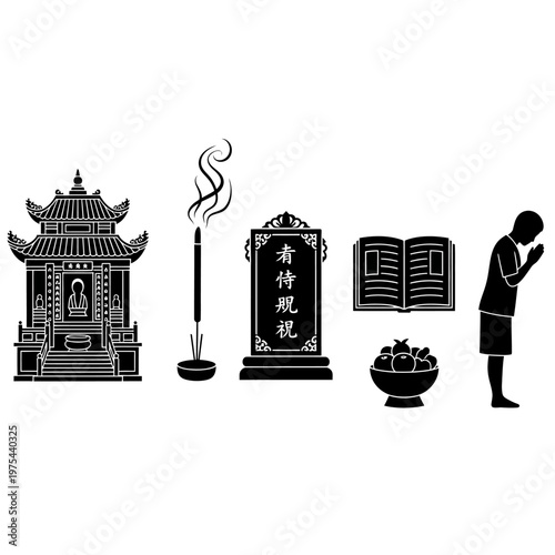 Buddhist Worship Symbols: Temple, Incense, Tablet, Book, Fruit Bowl, Praying Person