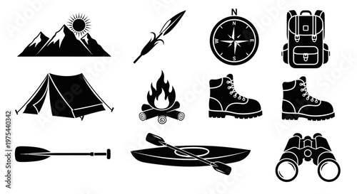 Camping Adventure Gear Icons: Mountains, Tent, Fire, Kayak, Compass, Boots, Backpack, Binoculars