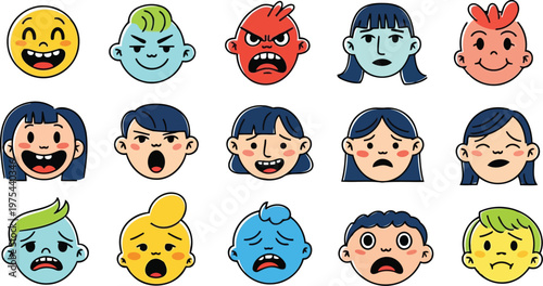 Cute character profiles displaying diverse feelings and sentiments