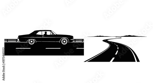 Classic Car Driving on Winding Highway Road