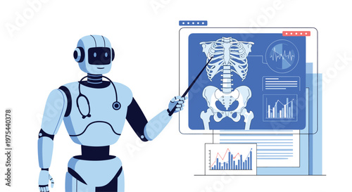 Robot doctor wearing a stethoscope while pointing to a digital X-ray scan of a human skeleton on a monitor for medical diagnosis.
