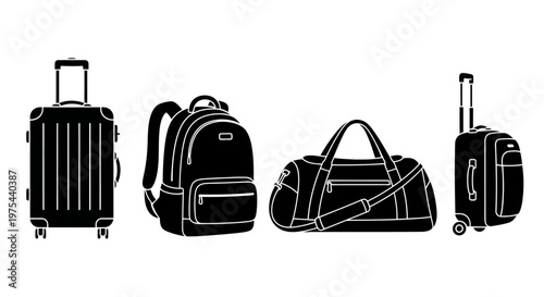 Collection of black luggage and bags for travel, including suitcases and backpacks