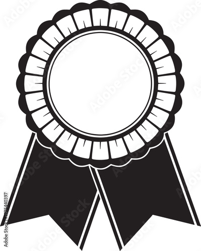 Black and white rosette ribbon with a circular center and two hanging ribbon tails on a white background