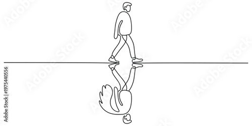 Continuous line drawing of a man walking with his reflection