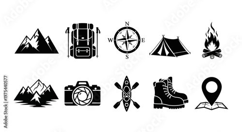 Outdoor Adventure Icons: Mountains, Backpack, Compass, Tent, Fire, Camera, Kayak, Boots, Map