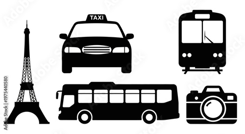 Parisian Icons: Eiffel Tower, Taxi, Bus, Tram, and Camera - Travel and City Life Symbols