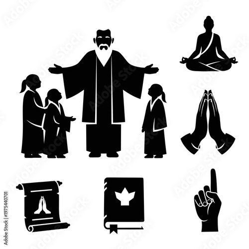 Spiritual Guidance: Teacher with Students, Meditation, Prayer, Book, Scroll, and Hand Gesture Icons