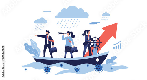 Group of three business people navigating a small boat through a sea of virus icons towards an upward arrow of financial growth.