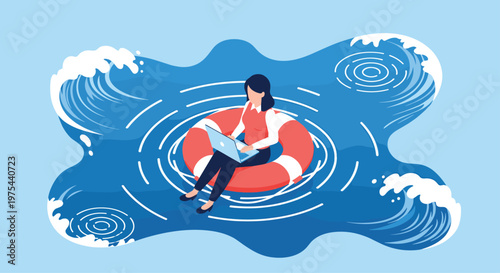 Woman working on her laptop while floating in a lifebuoy on a stormy sea representing remote work survival and persistence.