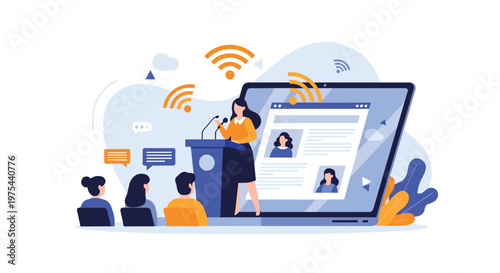 Woman standing at a podium delivering a speech to an audience while wifi symbols and a laptop screen show a remote broadcast.