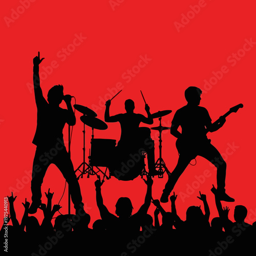 Rock band silhouette performing live on stage with cheering crowd, energetic concert atmosphere