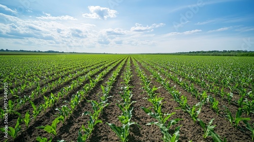 Wide-angle landscape of neat rows of corn sprouts in an expansive field, horizon stretching with flat terrain and soft blue sky