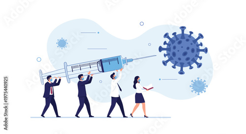 Group of business people wearing masks while carrying a giant medical syringe towards a large blue virus icon for a vaccine.