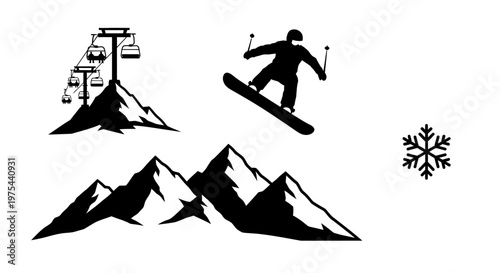 Snowboarder Jumps Over Mountains with Ski Lift and Snowflake Icon