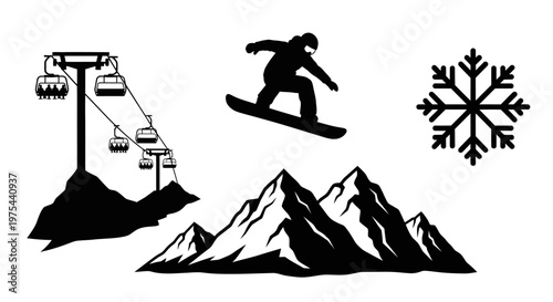 Snowboarder Jumping Over Mountains with Ski Lift and Snowflake Icon