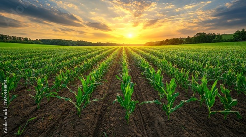 Low-perspective panoramic view of a corn plantation with precise rows of green shoots, dramatic sky above with warm golden light