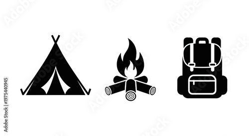 Camping Icons: Tent, Campfire, Backpack - Outdoor Adventure Symbols