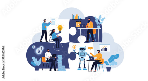 Team of three business people and a robot working together to assemble a cloud-shaped puzzle representing cloud computing.