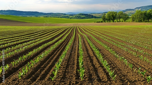 Symmetrical crop field with fresh corn seedlings aligned in long straight furrows, distant tree line and gentle hills framing the scene