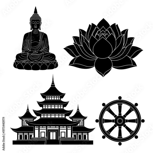 Buddha, Lotus, Pagoda, Dharma Wheel: Buddhism Symbols Silhouette Collection