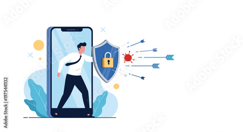 Professional man emerging from smartphone screen holding a shield with a padlock to block incoming arrows and viruses.