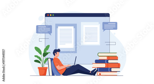 Student sitting on floor with laptop leaning against giant books while viewing digital documents on a large web screen.