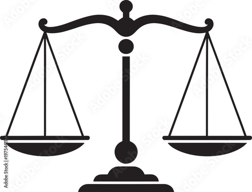 Black outline of a vintage justice scale with two balanced pans and a central pillar on a white background
