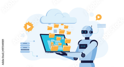 Advanced robot holding laptop and managing digital files falling from a cloud for automated data storage and processing.