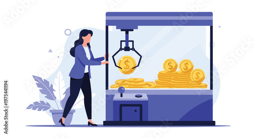 Businesswoman operating a claw machine to grab gold dollar coins representing strategic investment and financial success.