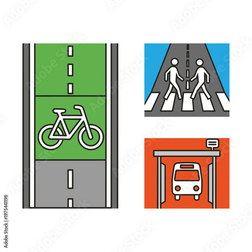 Urban transportation icons: bike lane, crosswalk, bus stop