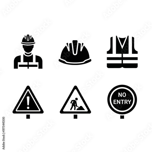 Construction Safety Icons: Worker, Hard Hat, Vest, Warning, Road Work, No Entry Signs
