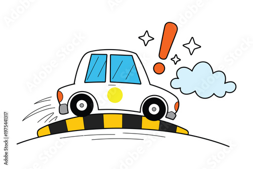 Road safety notice, minimal sign showing a speed bump icon with abstract braking lines around a small car, informative and friendly atmosphere