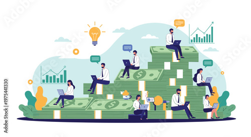 Corporate team sitting on large stacks of dollar bills working on laptops to represent business profitability and success.