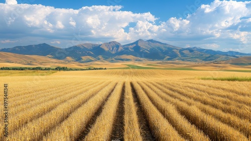 High-resolution rural landscape with wind-swept wheat field partially mown, visible cutting lines leading to the edge of the field with mountains beyond