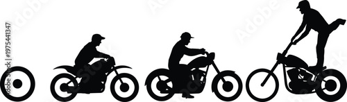 Motorcycle silhouettes sequence showing rider stages from wheel to stunt pose, biker vector illustration set isolated on white background for sport, transport, and action design