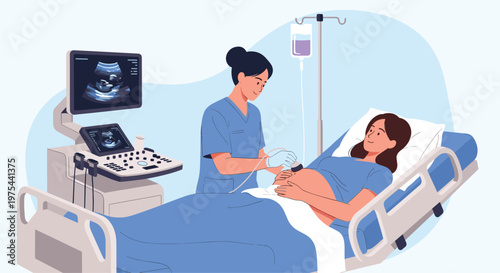 Professional healthcare worker performing an ultrasound scan on a pregnant patient in a clinical hospital room.