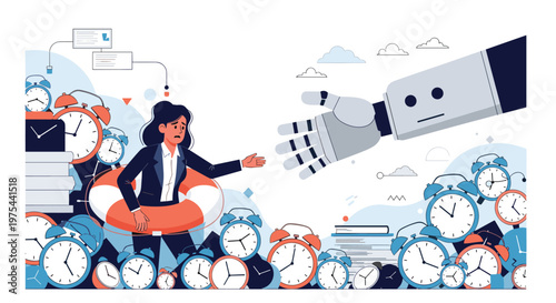 Stressed woman in a lifebuoy drowning in alarm clocks as a giant robot hand reaches out to help with time management.
