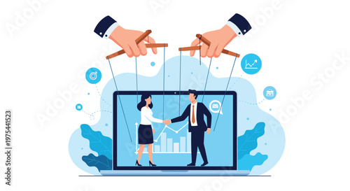 Giant hands controlling male and female business puppets shaking hands on a laptop screen representing manipulation.