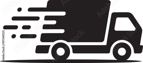Black silhouette of a delivery truck in motion with stylized speed lines indicating rapid movement on a white background