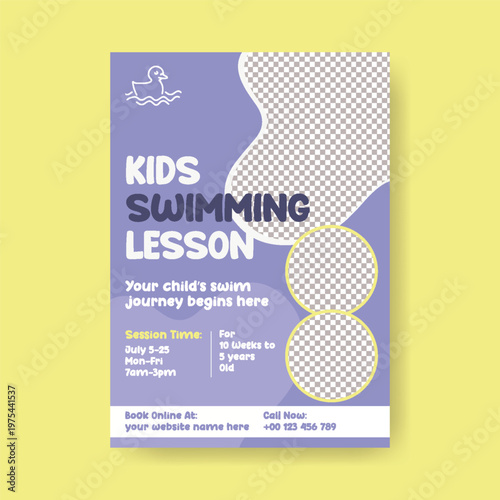 Kids Sports Camp and Swimming Lessons Flyer Poster Template, Summer Activities Poster Design, Bright Creative Layout, Editable Vector Leaflet Brochure Cover for Children Marketing Campaign
