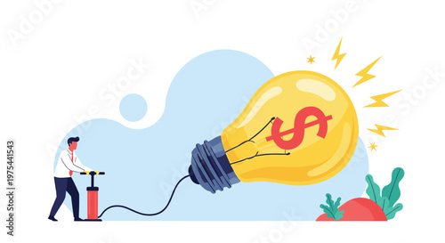Businessman using a hand pump to inflate a giant lightbulb with a dollar sign representing investment in new ideas.