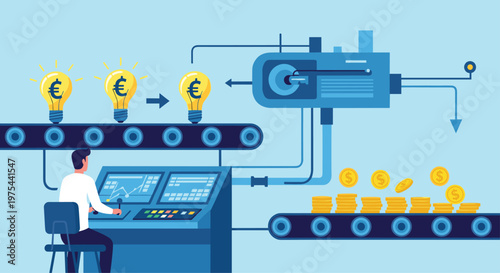 Industrial worker operating a machine that converts euro lightbulb ideas into gold dollar coins on a conveyor belt.