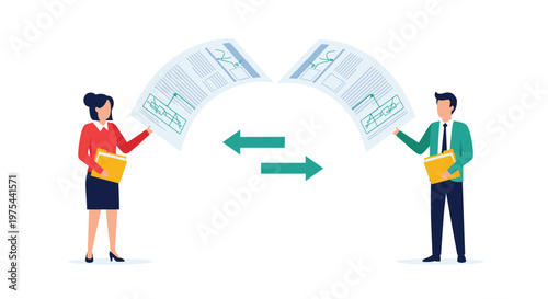 Two professionals standing apart while exchanging digital documents represented by flying papers and green arrows.
