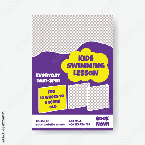 Swimming Lessons and Kids Activities Flyer Poster Template, Summer Camp Poster Design with Sports Training, Colorful Modern Layout, Editable A4 Vector Brochure for Children Promotion