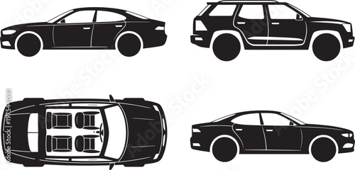 Black silhouette of a sedan and an SUV from side and views on white background for automotive and travel concepts Keywords: sedan, SUV, sport