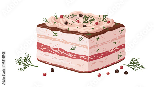Thick slice of traditional cured pork belly or lard seasoned with dill and peppercorns, topped with a creamy white spread.