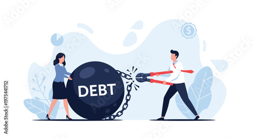 Man using giant bolt cutters to help a woman cut the chain attached to a heavy wrecking ball labeled with debt.